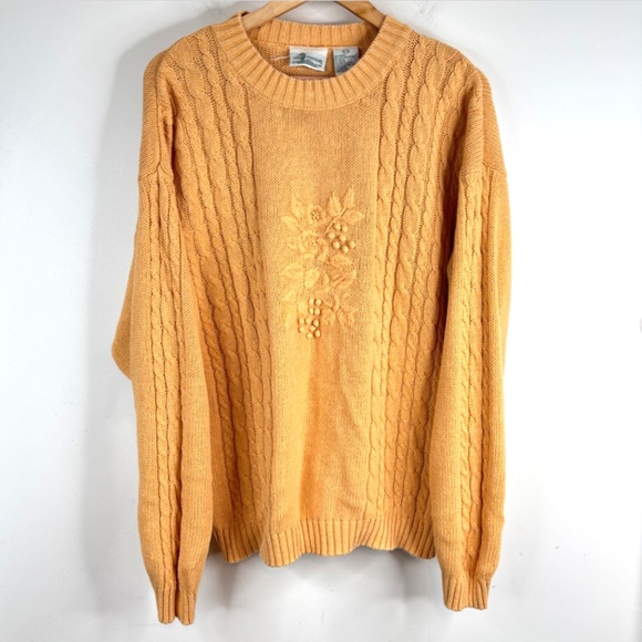 VTG 90s Cottage Essentials Sweater XL Yellow Floral Cable Knit Granny Retro Cozy - Picture 1 of 8